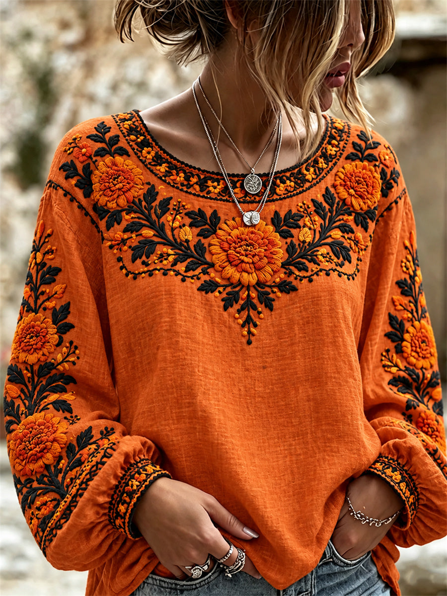 Camisa con estampado floral de caléndulas mexicanas para el Día de Muertos femenino