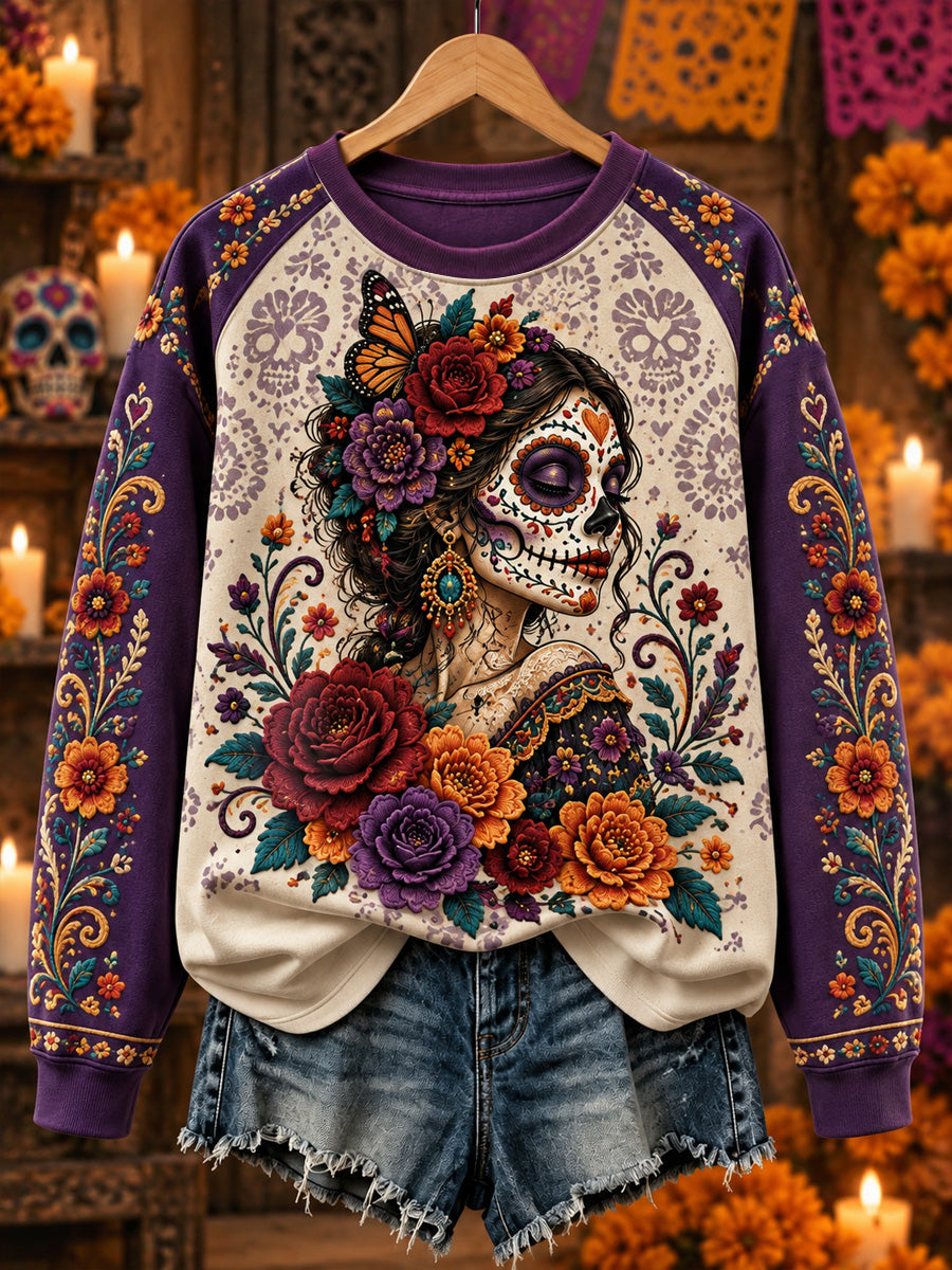 Sudadera informal con estampado artístico del Día de los Muertos mexicano para mujer