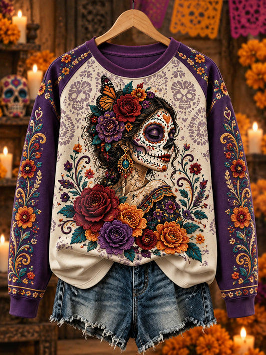 Sudadera informal con estampado artístico del Día de los Muertos mexicano para mujer