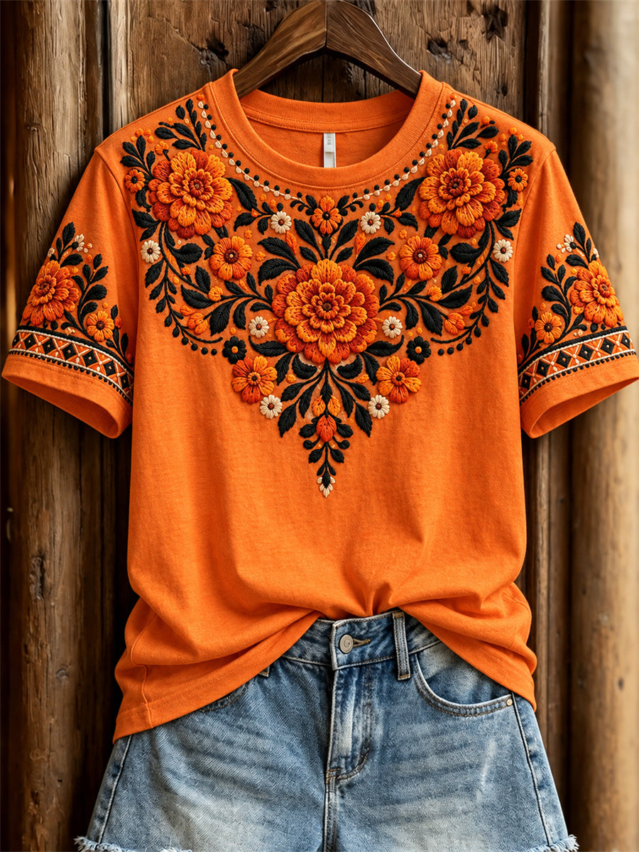 Camiseta de manga corta con estampado floral de caléndulas mexicanas del Día de los Muertos para mujer
