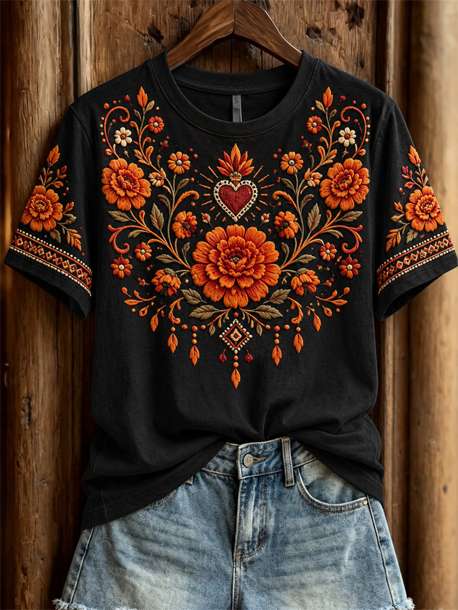 Camiseta de manga corta con estampado floral de caléndulas mexicanas para el Día de Muertos femenino