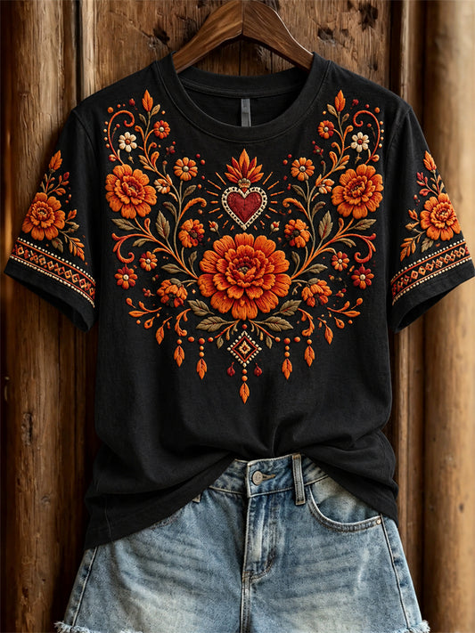 Camiseta de manga corta con estampado floral de caléndulas mexicanas para el Día de Muertos femenino