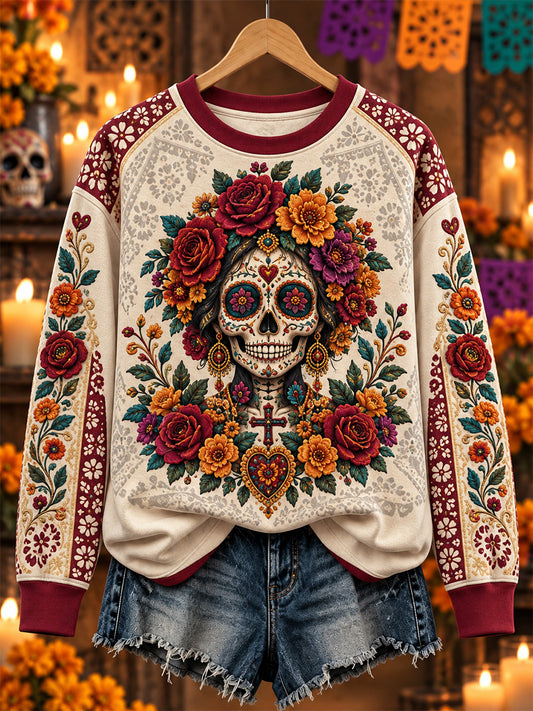 Sudadera informal con estampado artístico del Día de los Muertos mexicano para mujer