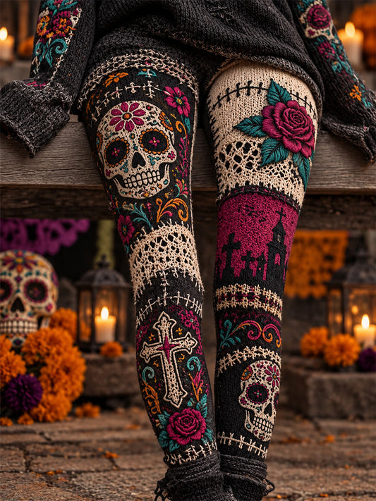 Leggings casuales de terciopelo con estampado artístico del Día de los Muertos mexicano para mujer