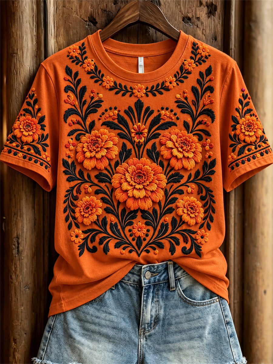 Camiseta de manga corta con estampado floral de caléndulas mexicanas para el Día de Muertos femenino