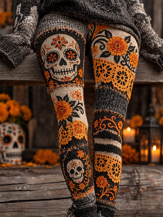 Leggings casuales de terciopelo con estampado artístico del Día de los Muertos mexicano para mujer