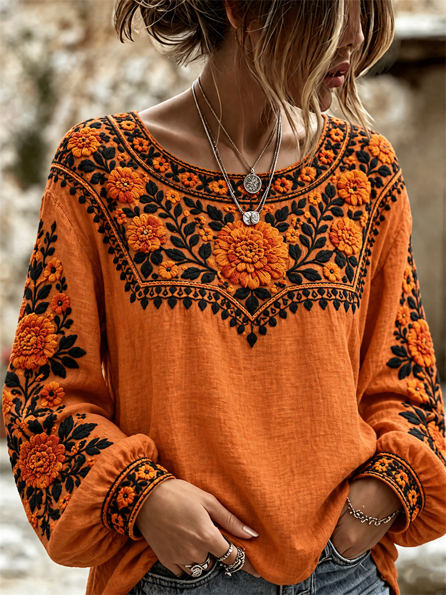 Camisa con estampado floral de caléndulas mexicanas para el Día de Muertos femenino