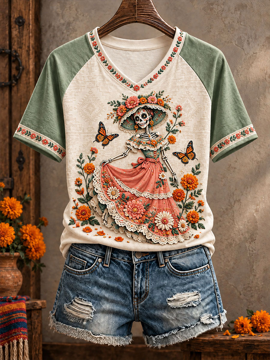 Camiseta estampada con diseño floral de Día de Muertos mexicano para mujer