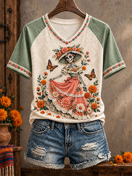 Camiseta estampada con diseño floral de Día de Muertos mexicano para mujer