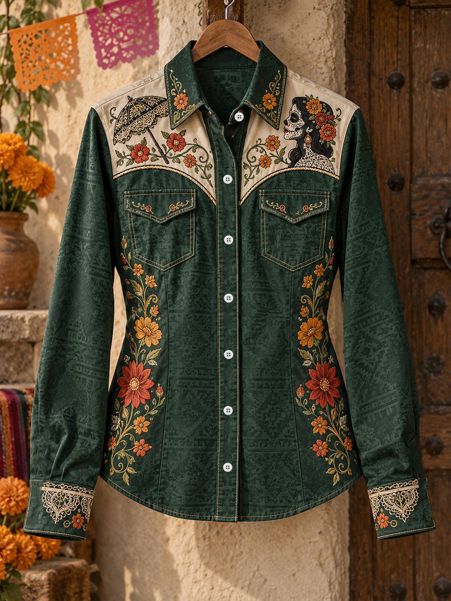 Camisa estampada con diseño floral del Día de los Muertos mexicano para mujer