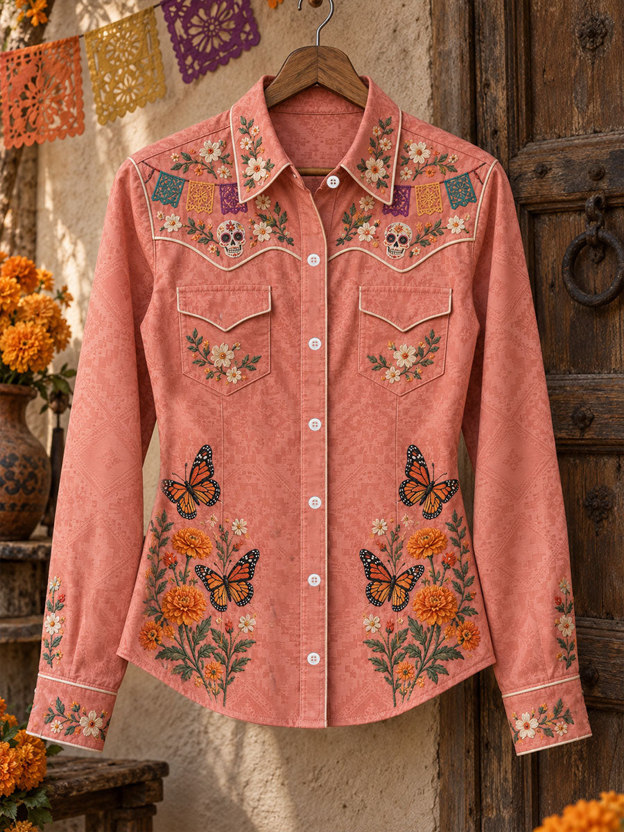 Camisa estampada con diseño floral del Día de los Muertos mexicano para mujer