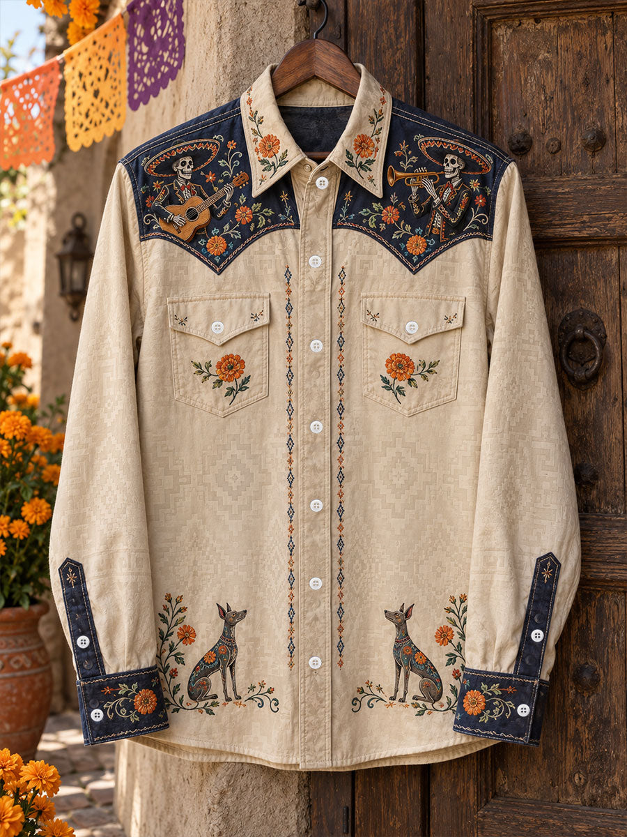 Camisa estampada con diseño floral mexicano del Día de los Muertos para hombre