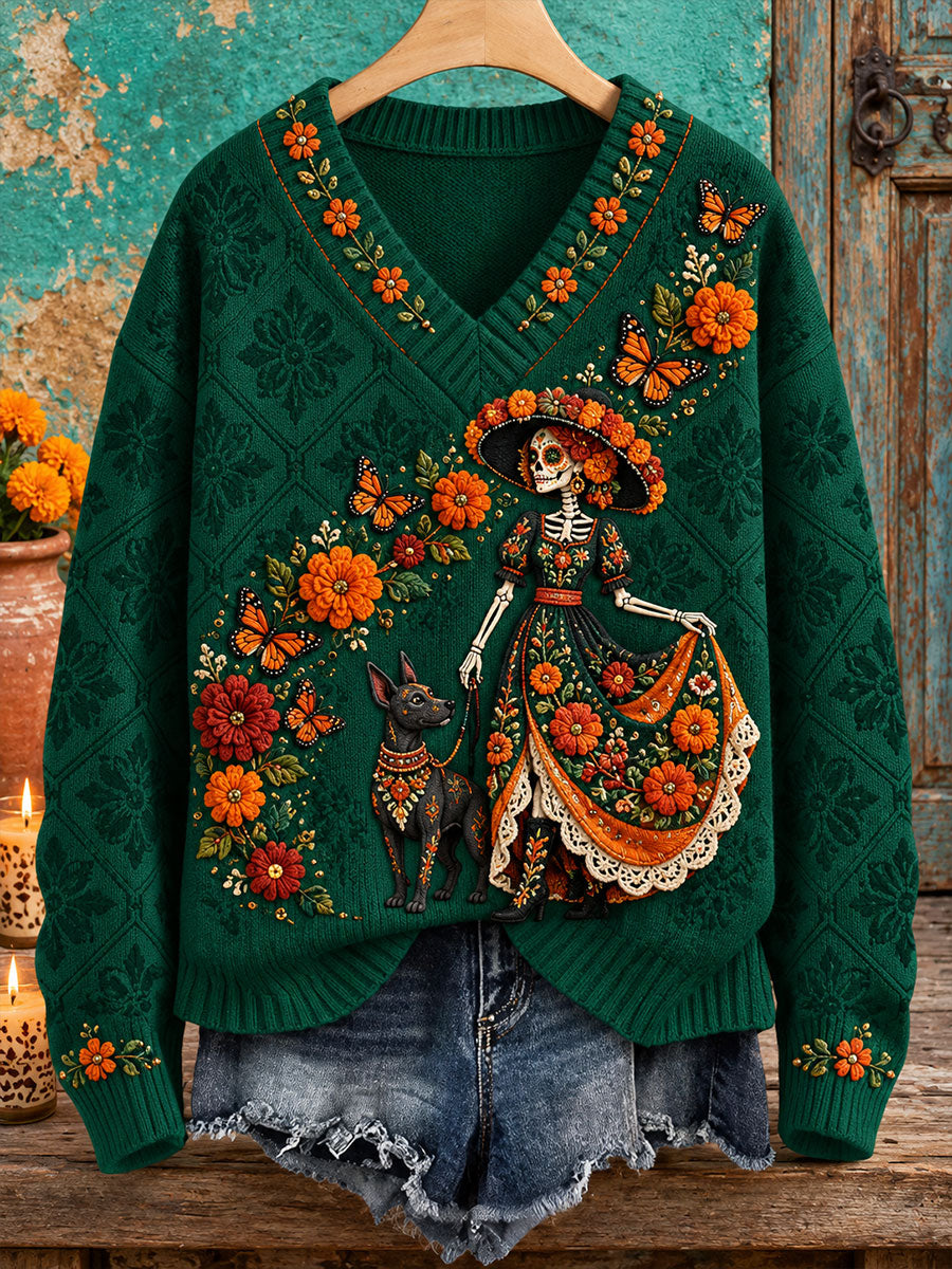 Camisetas estampadas con diseño floral del Día de los Muertos mexicano para mujer