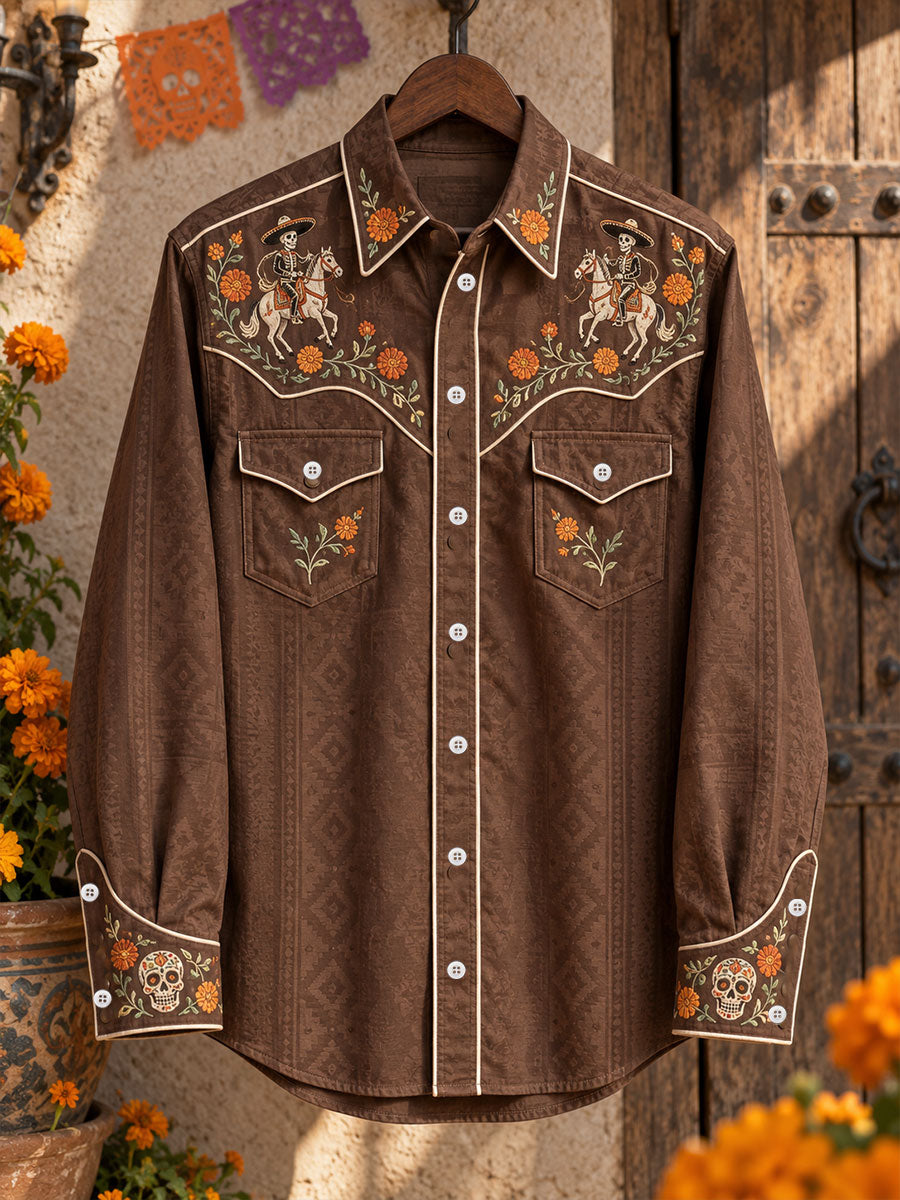 Camisa estampada con diseño floral mexicano del Día de los Muertos para hombre