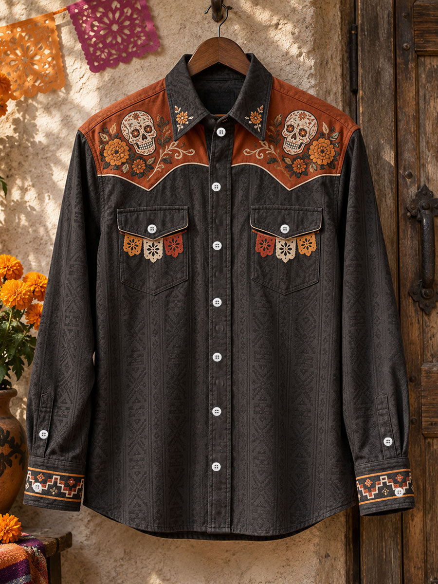 Camisa estampada con diseño floral mexicano del Día de los Muertos para hombre