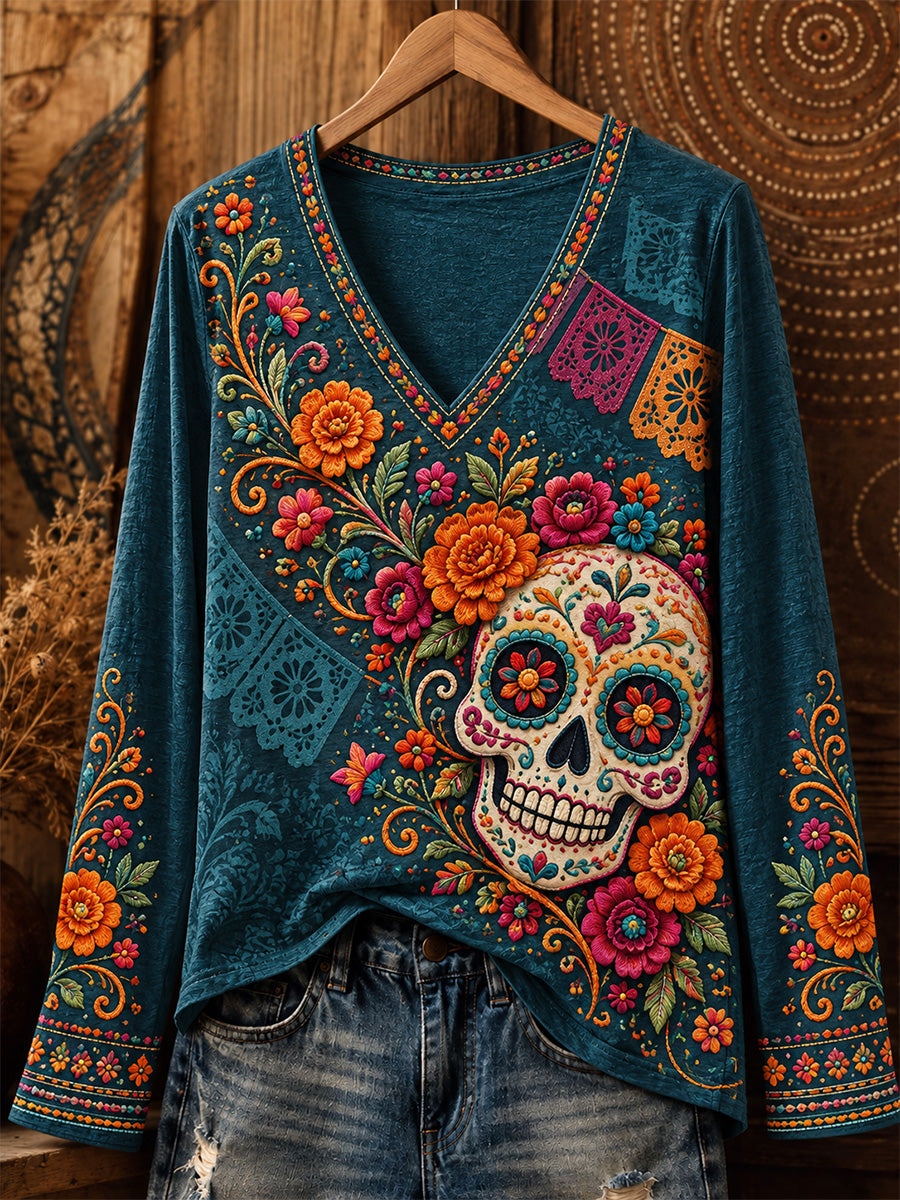 Camisa casual de manga larga con estampado artístico del Día de los Muertos mexicano para mujer