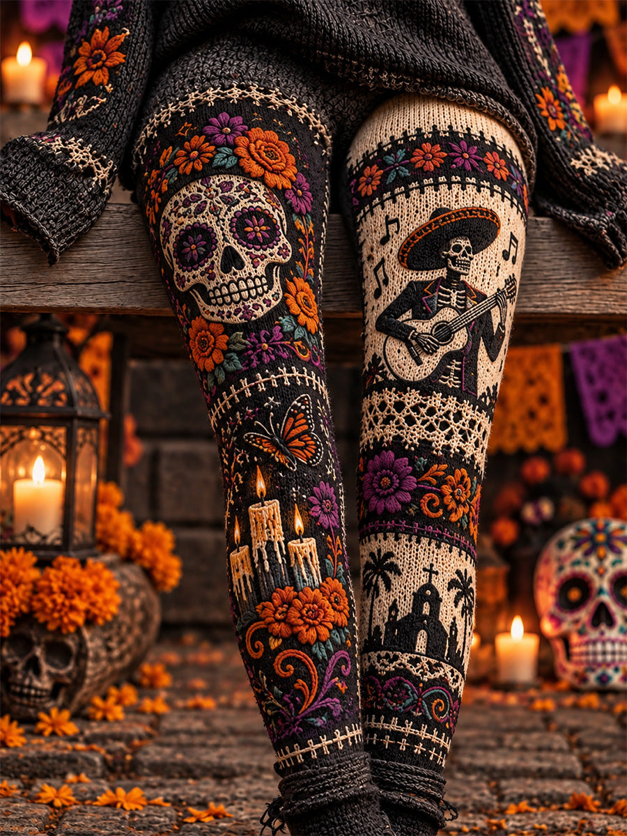 Leggings casuales de terciopelo con estampado artístico del Día de los Muertos mexicano para mujer
