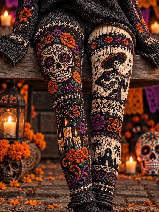 Leggings casuales de terciopelo con estampado artístico del Día de los Muertos mexicano para mujer