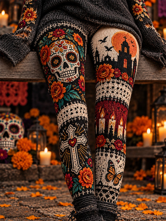 Leggings casuales de terciopelo con estampado artístico del Día de los Muertos mexicano para mujer