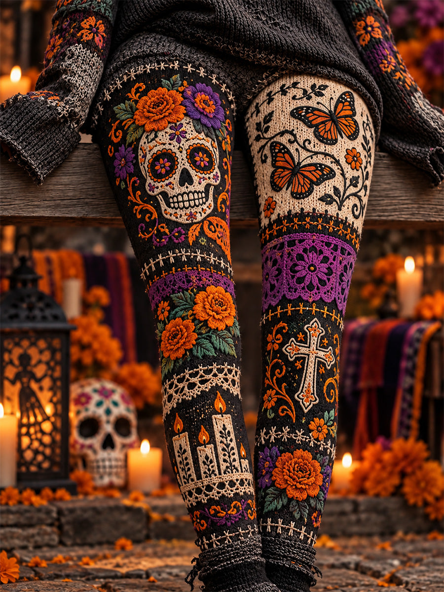 Leggings casuales de terciopelo con estampado artístico del Día de los Muertos mexicano para mujer