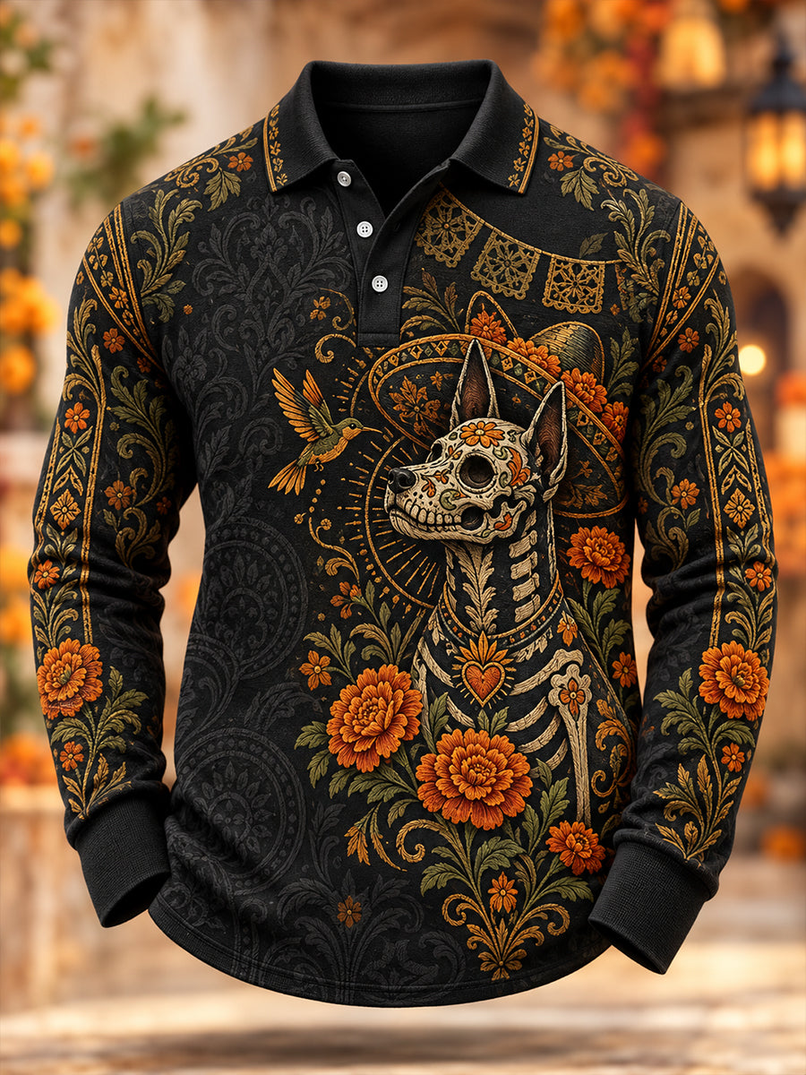Camisa de manga larga para hombre con diseño del Día de los Muertos de México