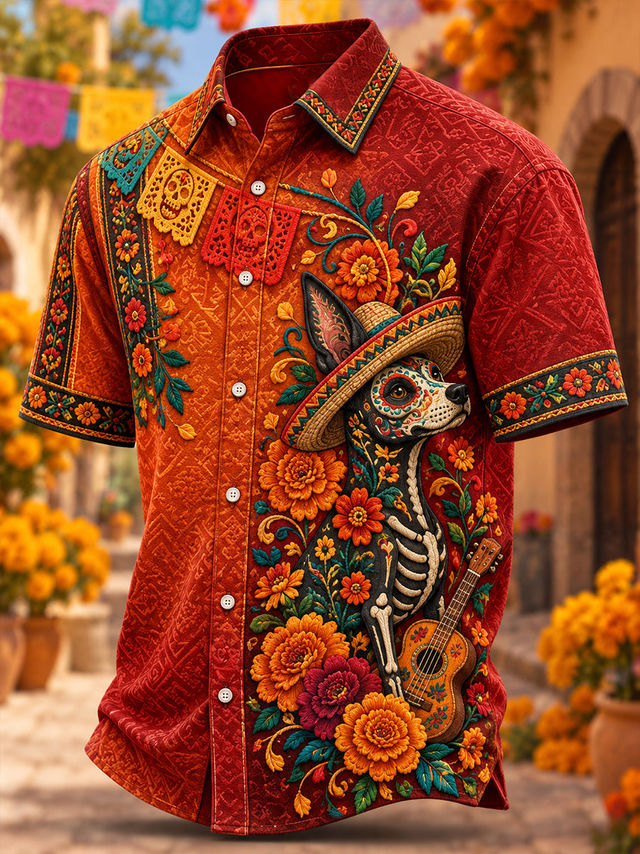 Camisa de manga corta estampada con diseño mexicano del Día de los Muertos para hombre