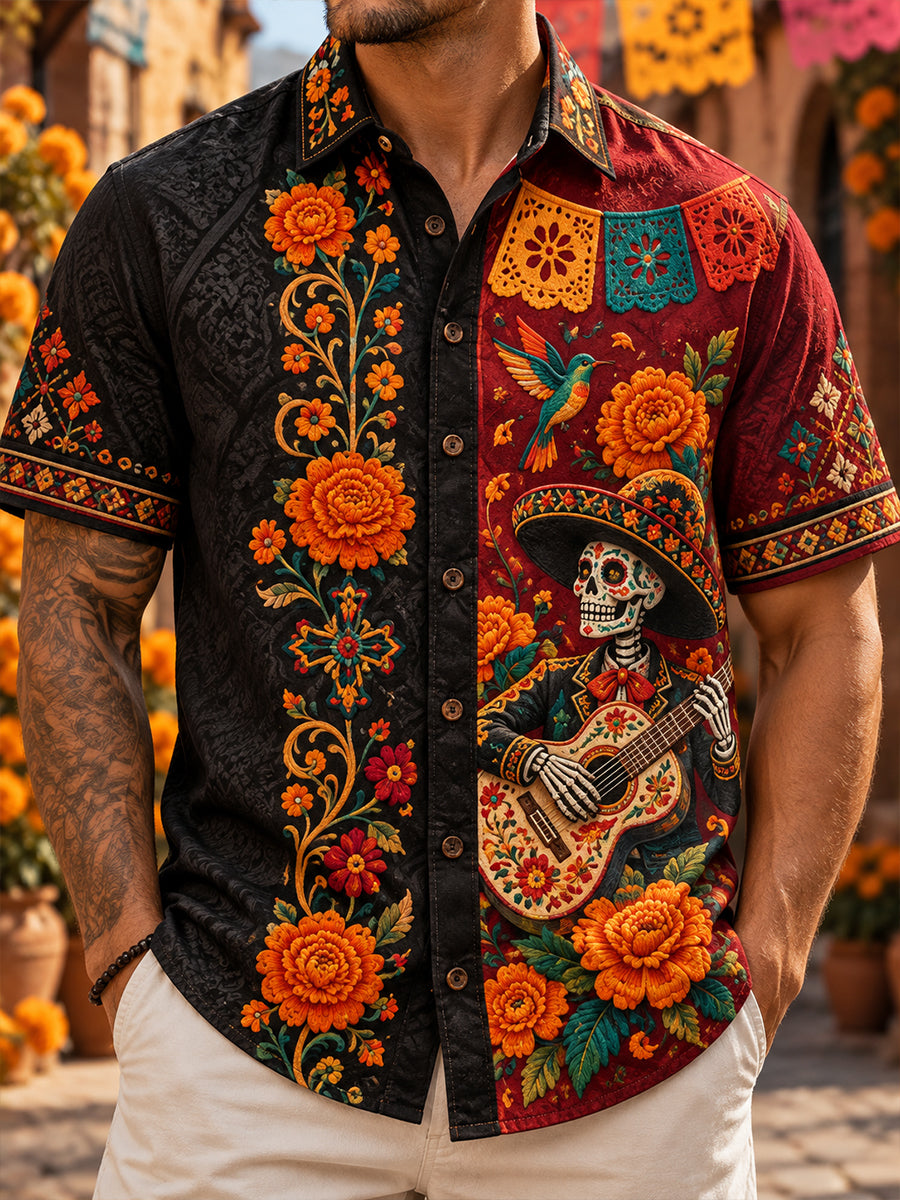 Camisa de manga corta con estampado de día de muertos de México para hombre