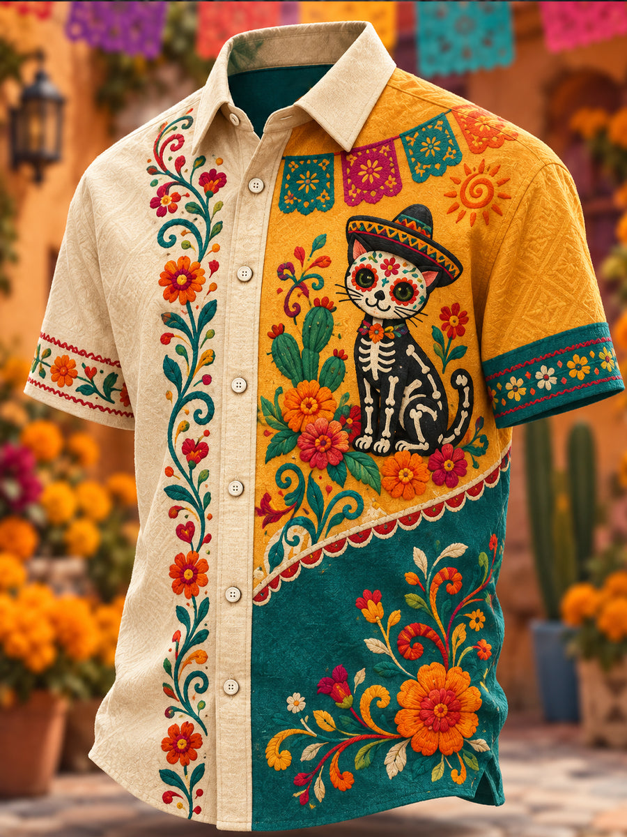 Camisa de manga corta estampada con diseño mexicano del Día de los Muertos para hombre