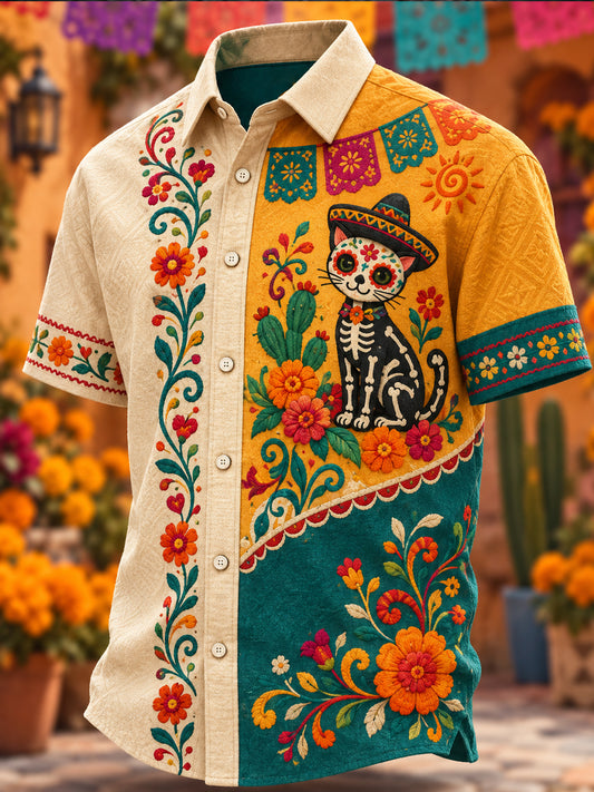 Camisa de manga corta estampada con diseño mexicano del Día de los Muertos para hombre