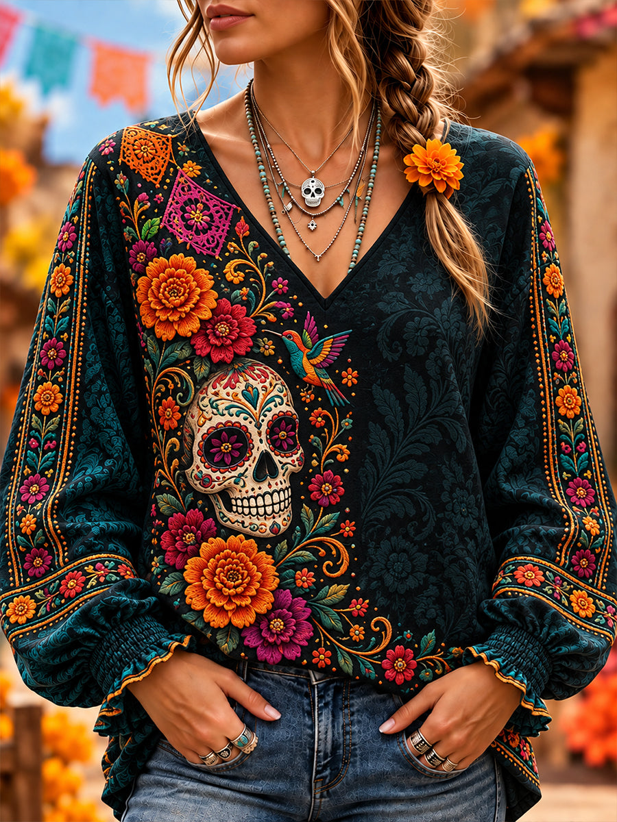 Blusa de cuello en V con diseño del Día de los Muertos de México para mujer