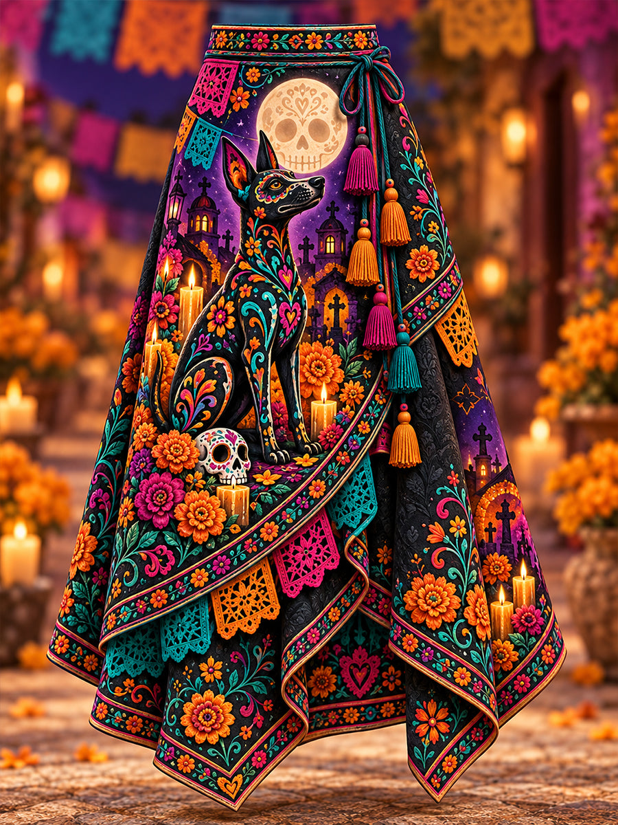 Falda irregular estampada con diseño artístico del Día de los Muertos de México para mujer