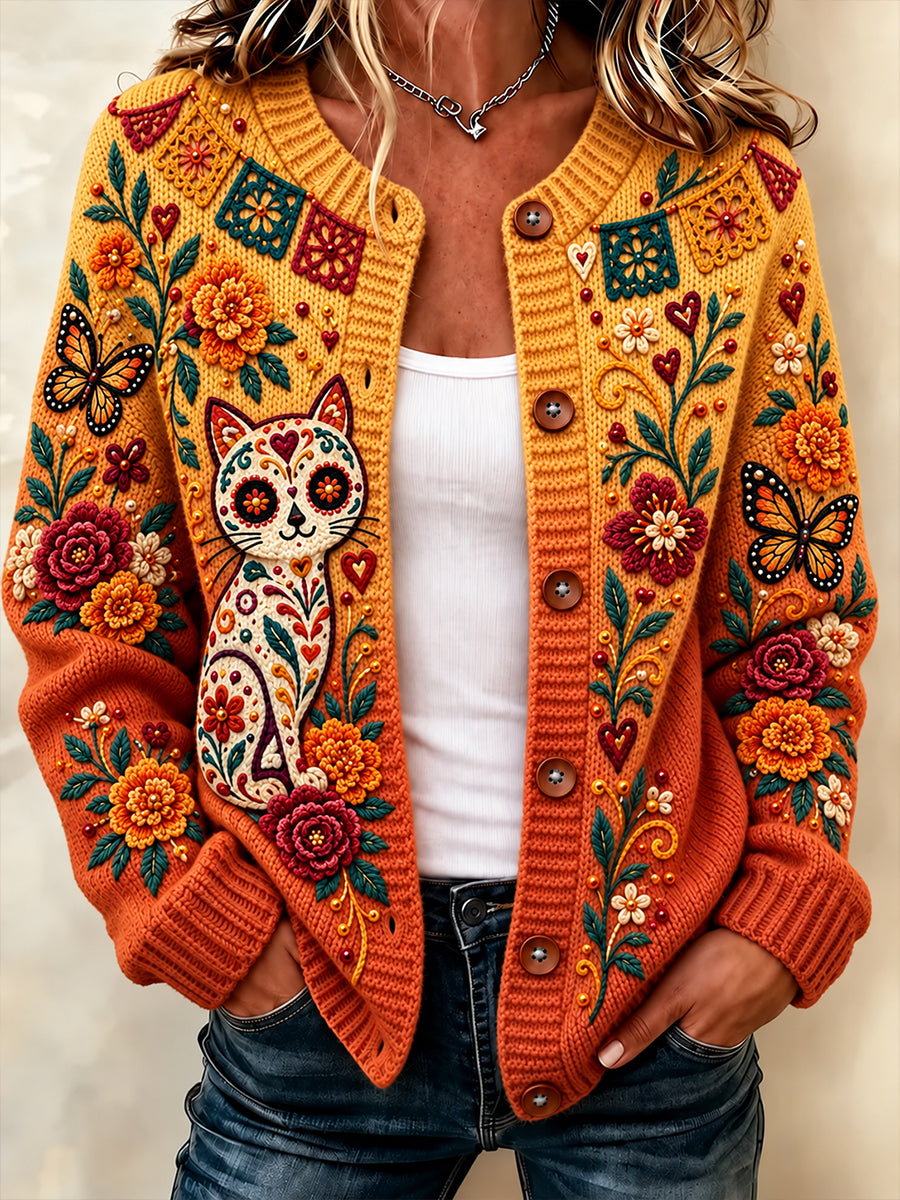 Cardigan con estampado de botones para mujer del Día de los Muertos de México