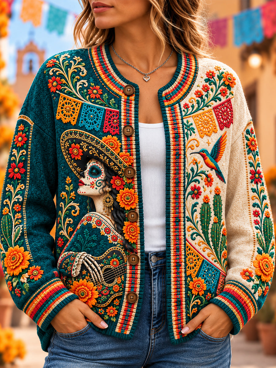 Cárdigan con botones y estampado del Día de los Muertos de México para mujer
