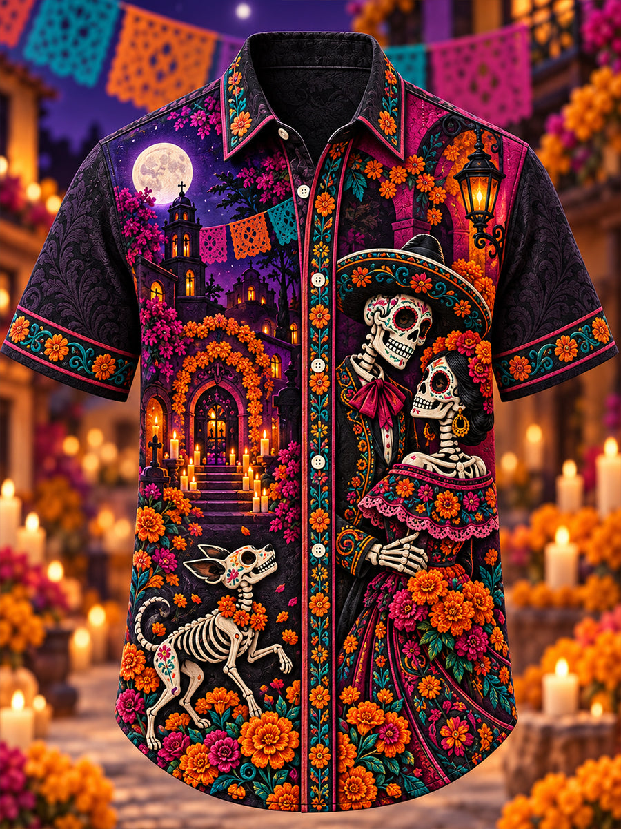 Camisa de manga corta con estampado artístico del Día de los Muertos de México para hombre