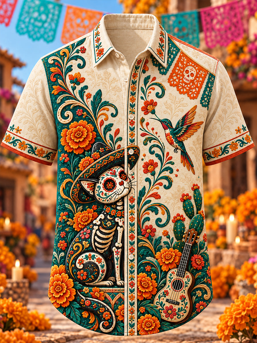 Camisa de manga corta con estampado artístico del Día de los Muertos de México para hombre