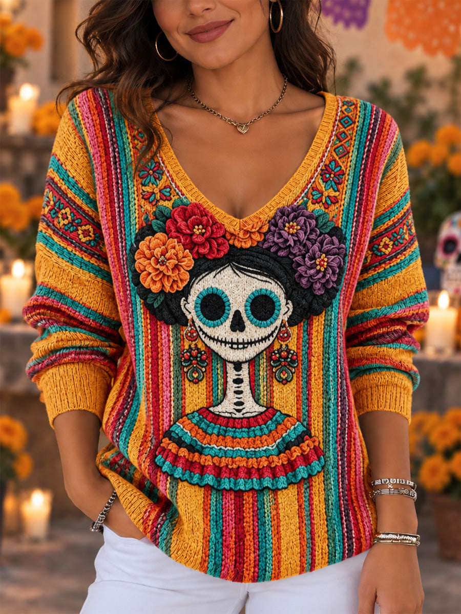Top acanalado con cuello en V y estampado de arte de México para mujer