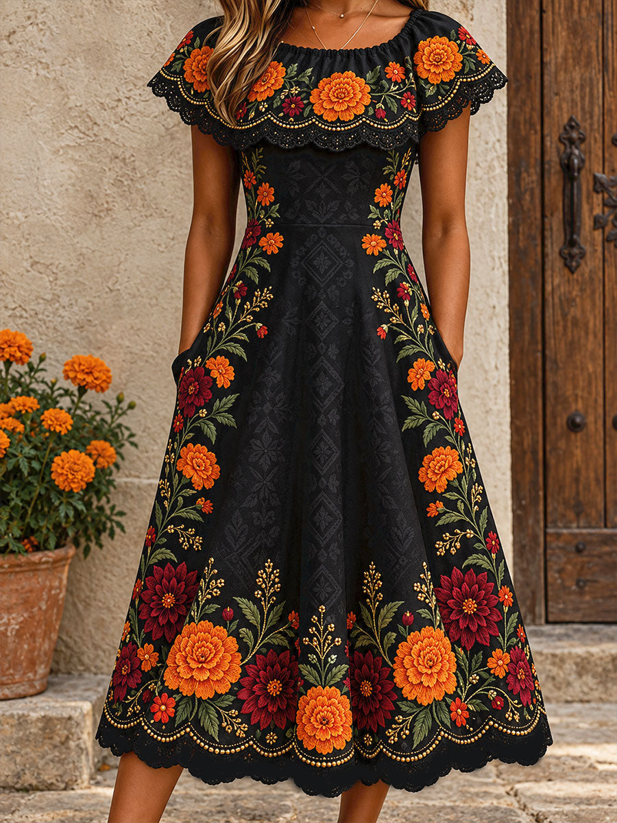 Vestido estampado con diseño floral del Día de los Muertos mexicano para mujer