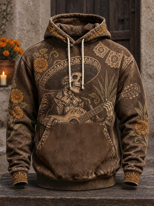 Sudadera con capucha estampada con diseño floral del Día de los Muertos mexicano para hombre