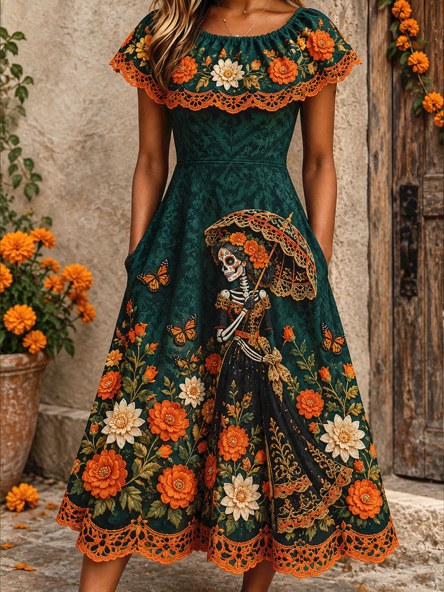 Vestido estampado con diseño floral del Día de los Muertos mexicano para mujer