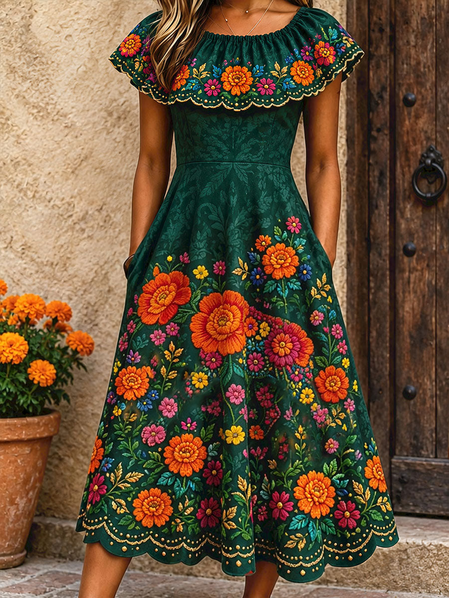 Vestido estampado con diseño floral del Día de los Muertos mexicano para mujer