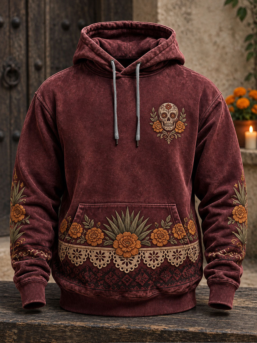 Sudadera con capucha estampada con diseño floral del Día de los Muertos mexicano para hombre