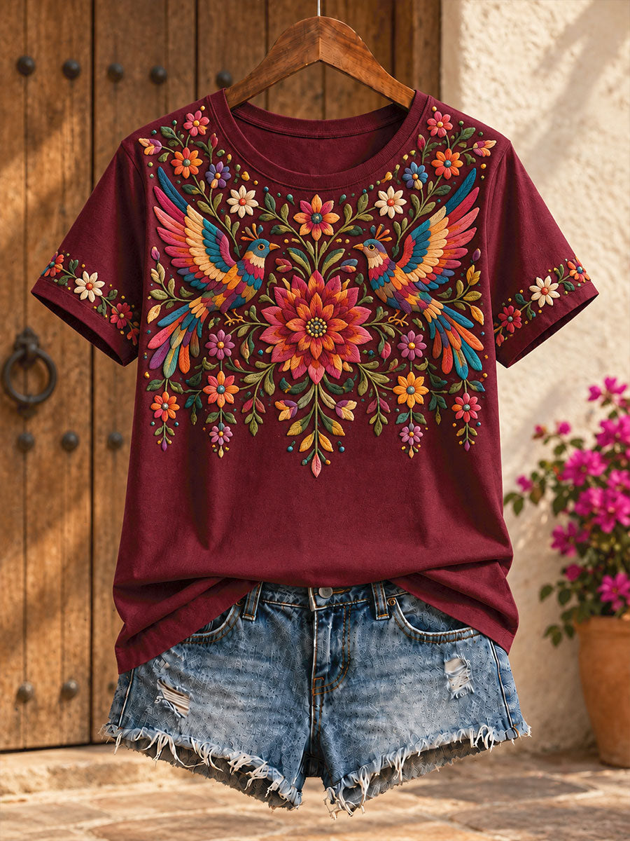 Camiseta estampada con arte floral mexicano para mujer