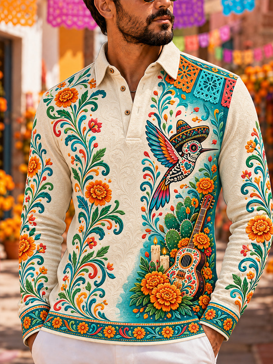 Camisa de manga larga para hombre con diseño del Día de los Muertos de México
