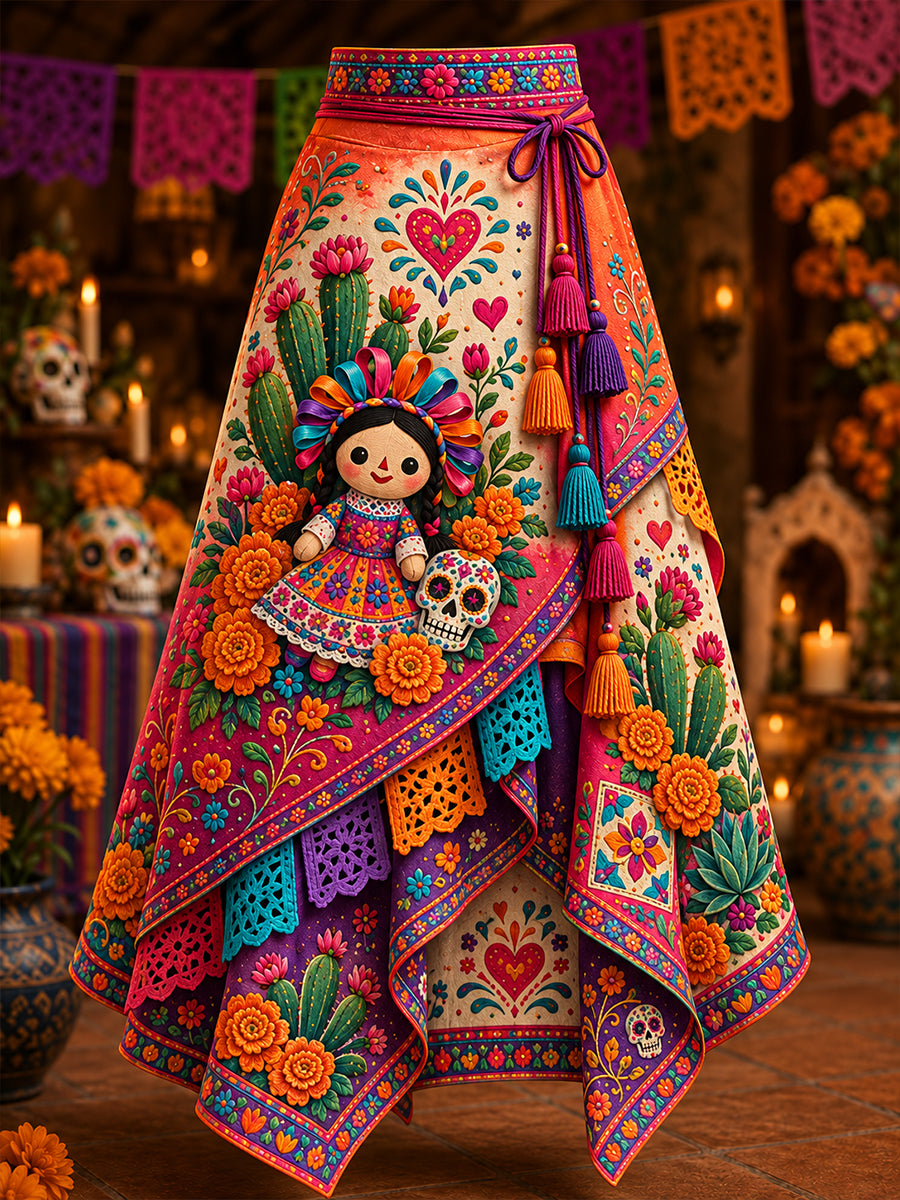 Falda asimétrica estampada con diseño artístico del Día de Muertos de México para mujer