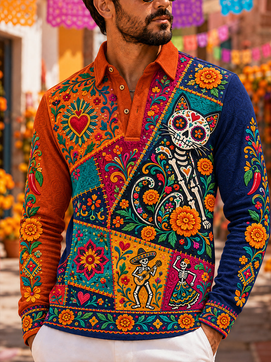 Camisa de manga larga para hombre con diseño del Día de los Muertos de México