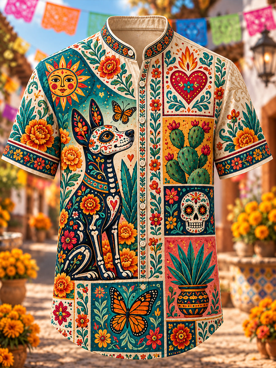 Camisa de manga corta con estampado artístico del Día de los Muertos de México para hombre