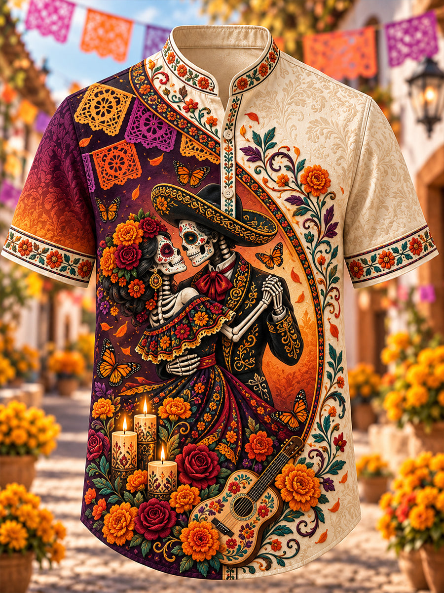 Camisa de manga corta con estampado artístico del Día de los Muertos de México para hombre