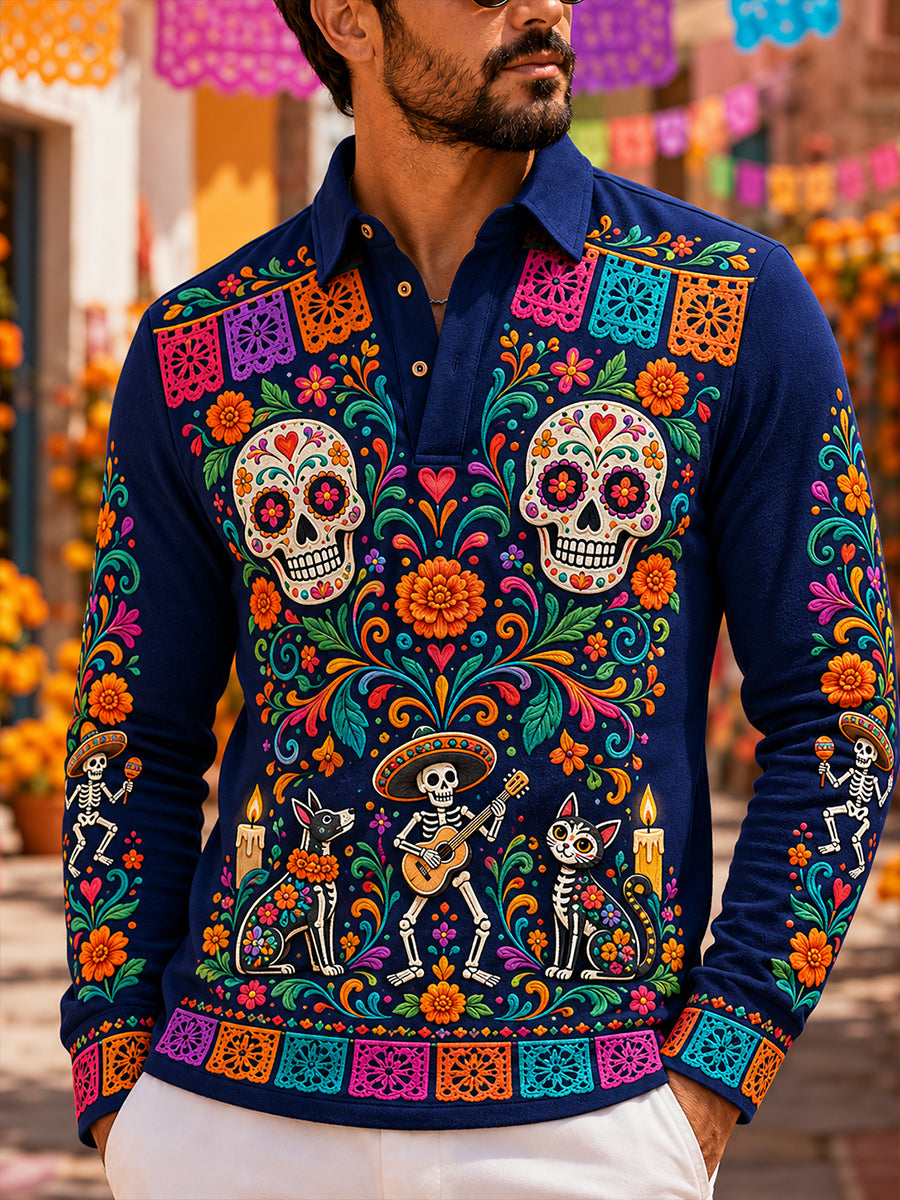 Camisa de manga larga para hombre con diseño del Día de los Muertos de México
