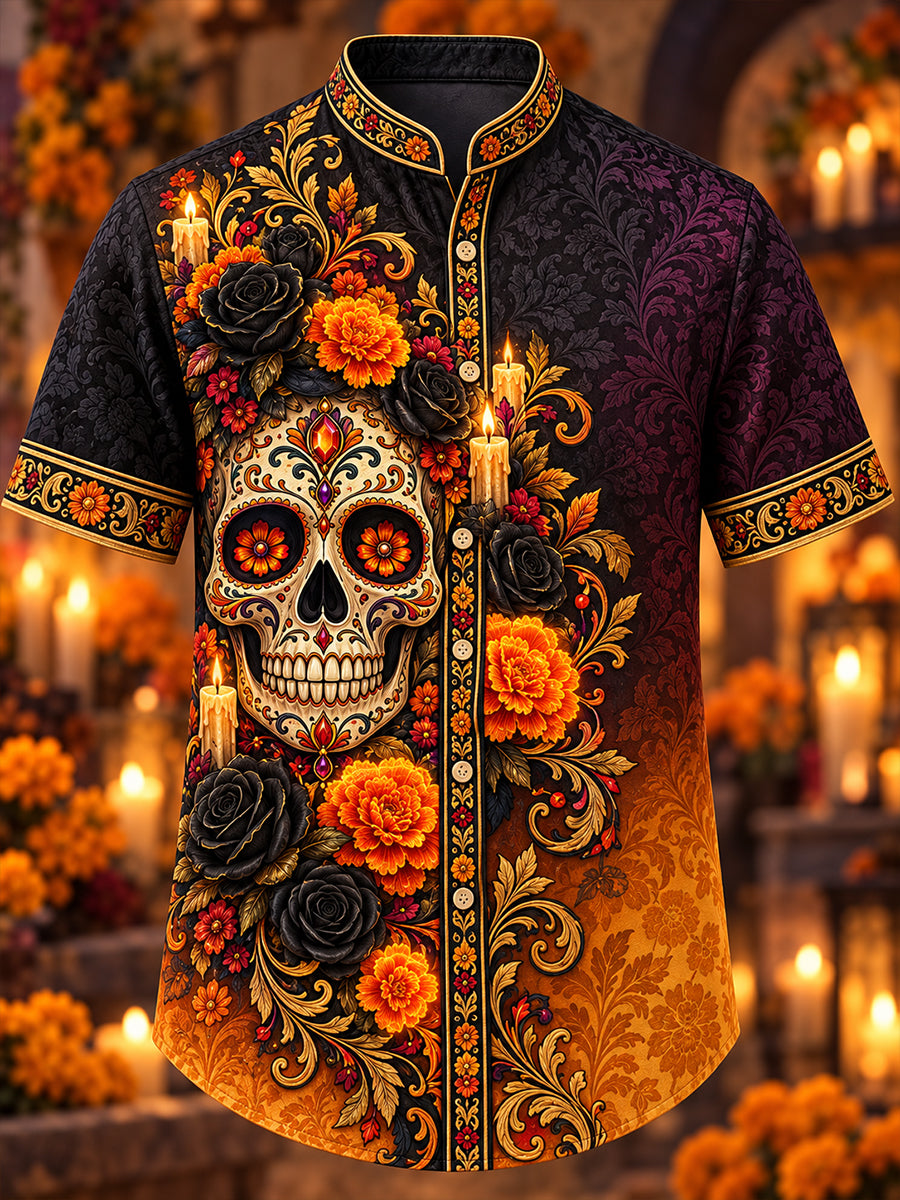 Camisa de manga corta con estampado artístico del Día de los Muertos de México para hombre