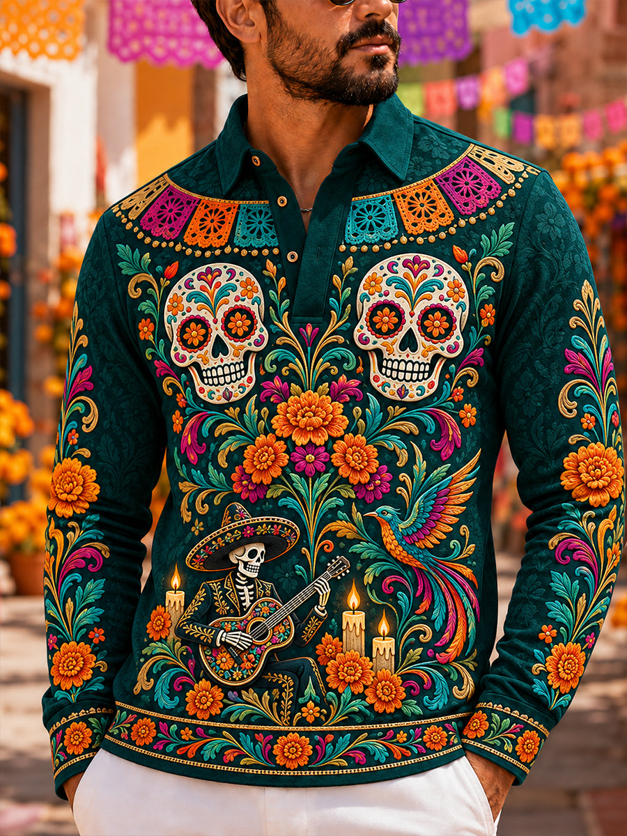 Camisa de manga larga para hombre con diseño del Día de los Muertos de México
